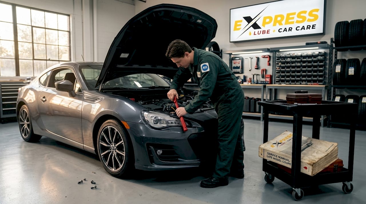 Technician performing certified vehicle repair in shop