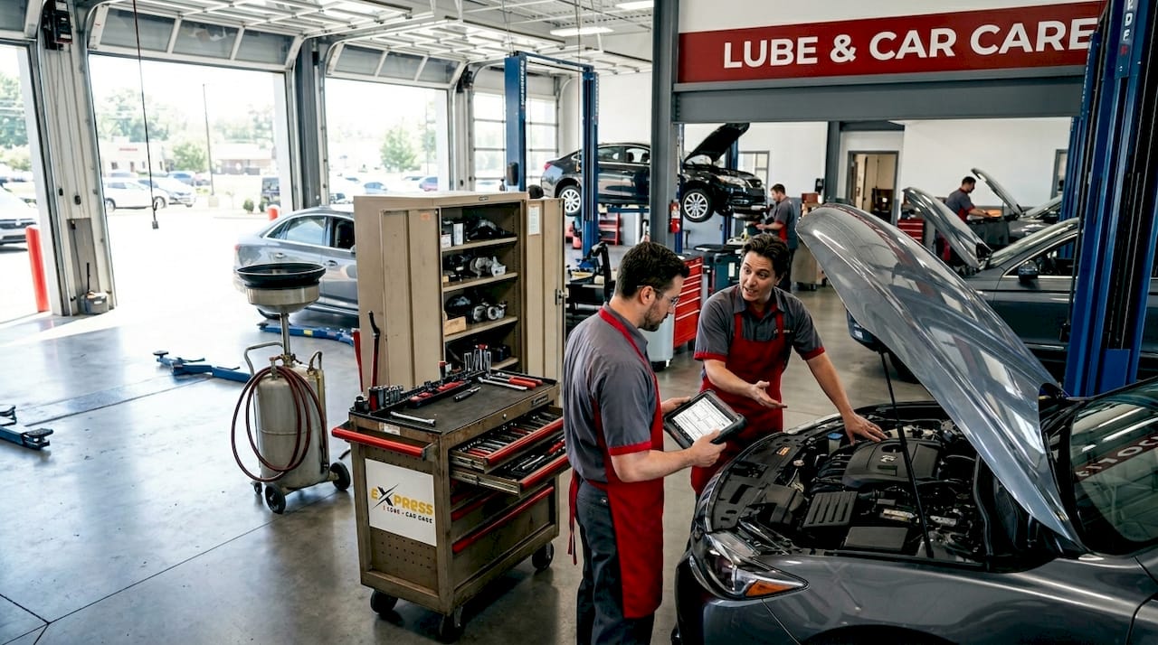 Auto repair technicians diagnosing engine