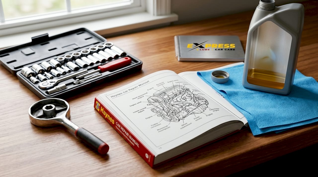 DIY car maintenance tools on garage workbench