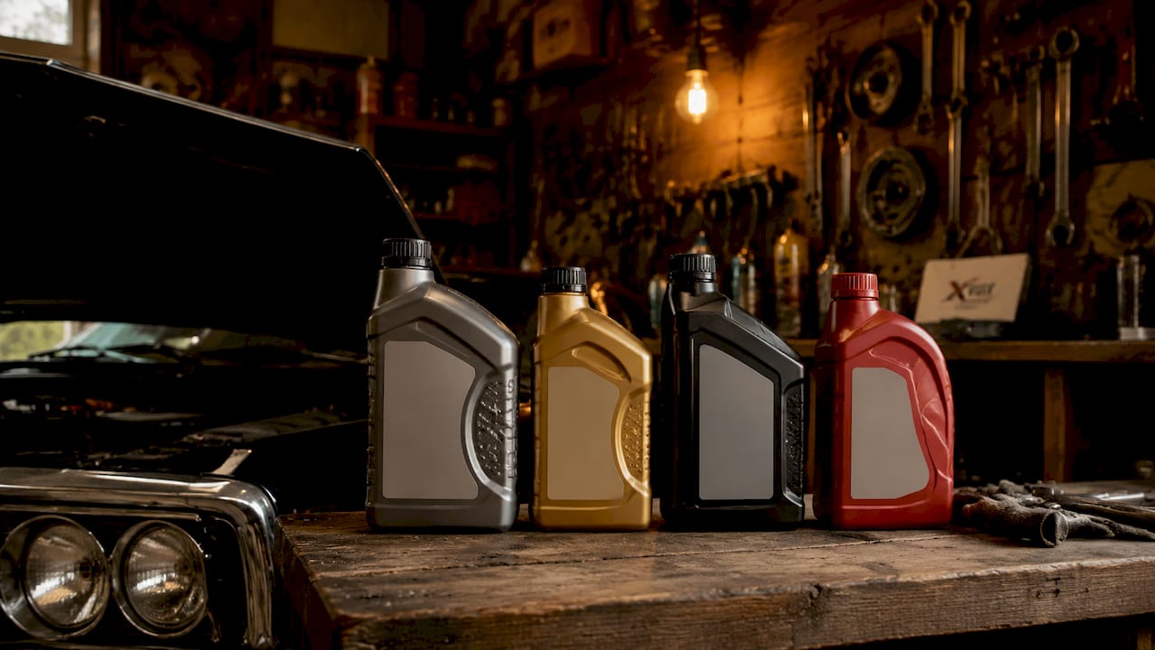 Four types of motor oil bottles on garage floor