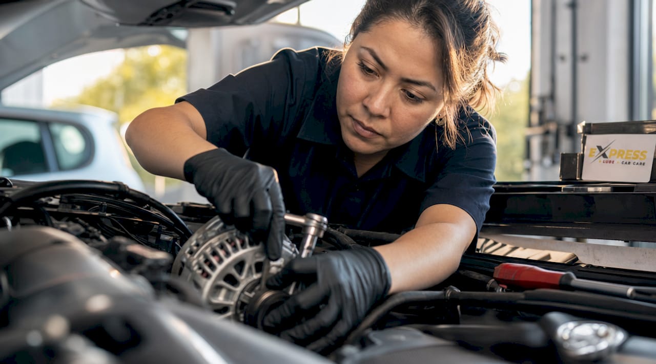 Mechanic repairing car alternator inside garage