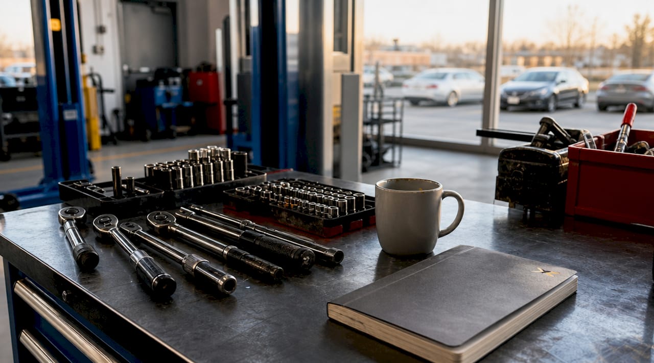 Mechanic workbench with tools and oil filters