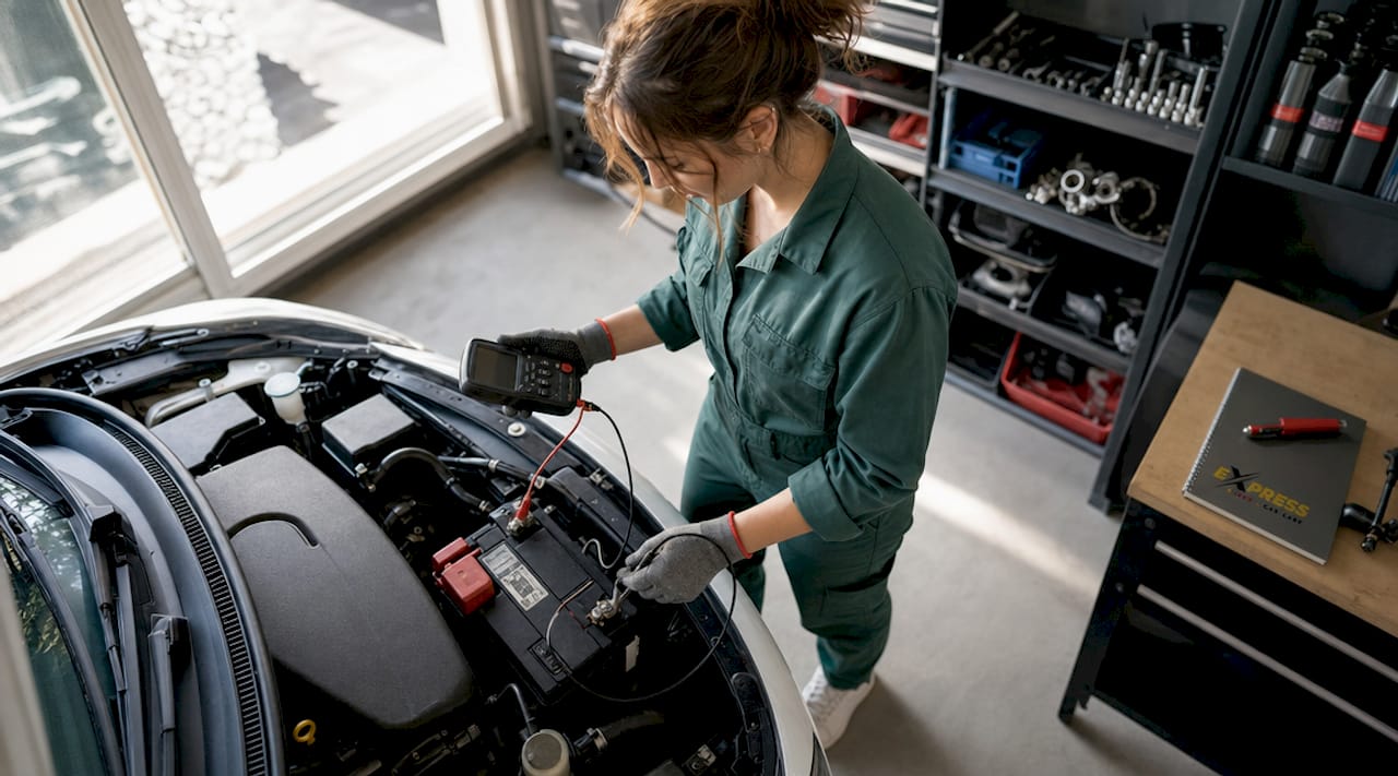 Mechanic testing car battery in garage