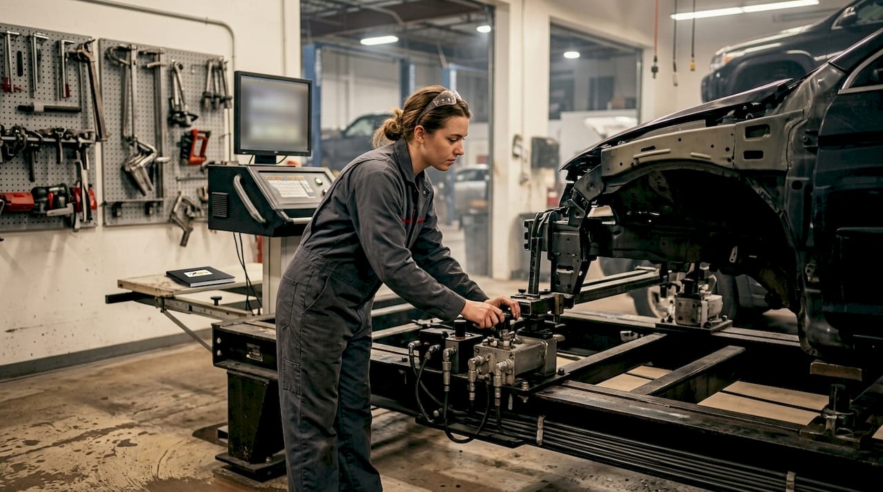 Technician repairing car frame with machinery