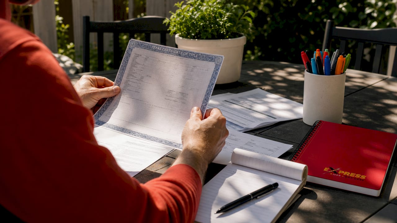 Hands holding car title documents at home