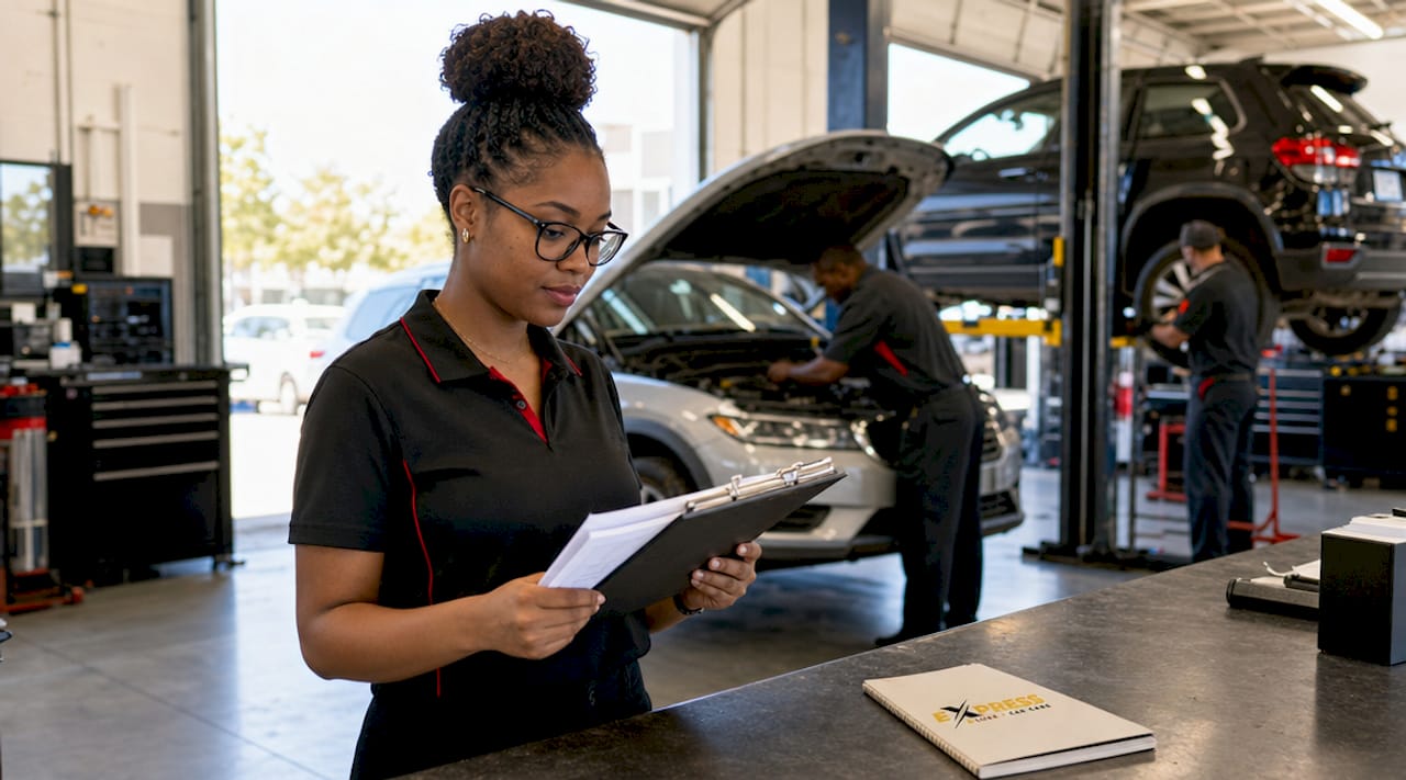 Service advisor reviewing tablet in dealership service bay