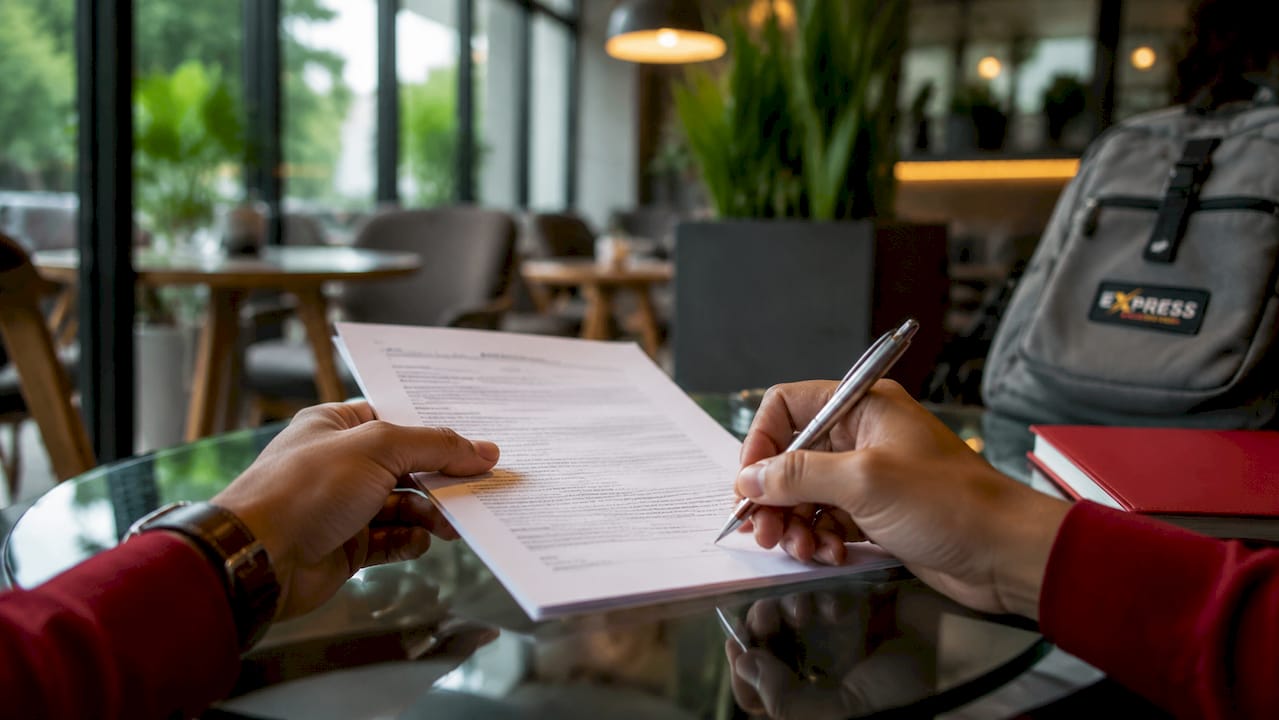 Close-up of hands holding loan agreement preparing to sign