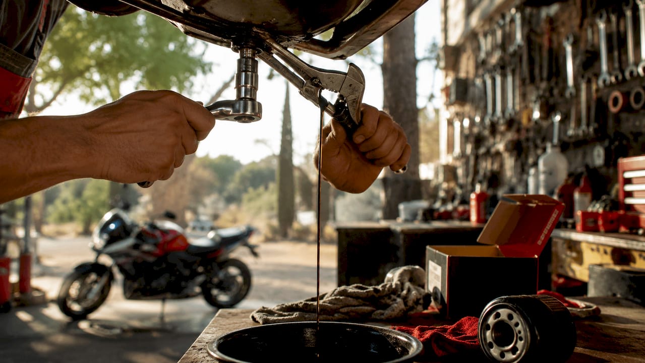 Hands preparing oil change with torque wrench