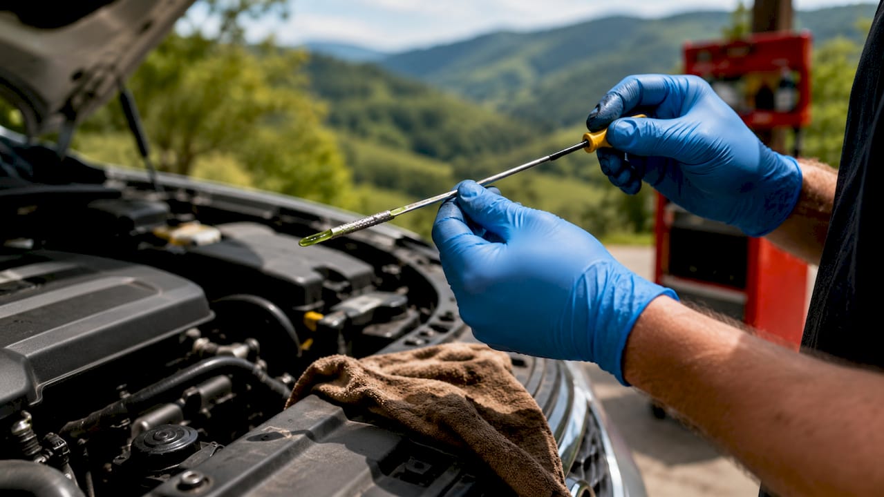 Hands checking engine oil level on dipstick