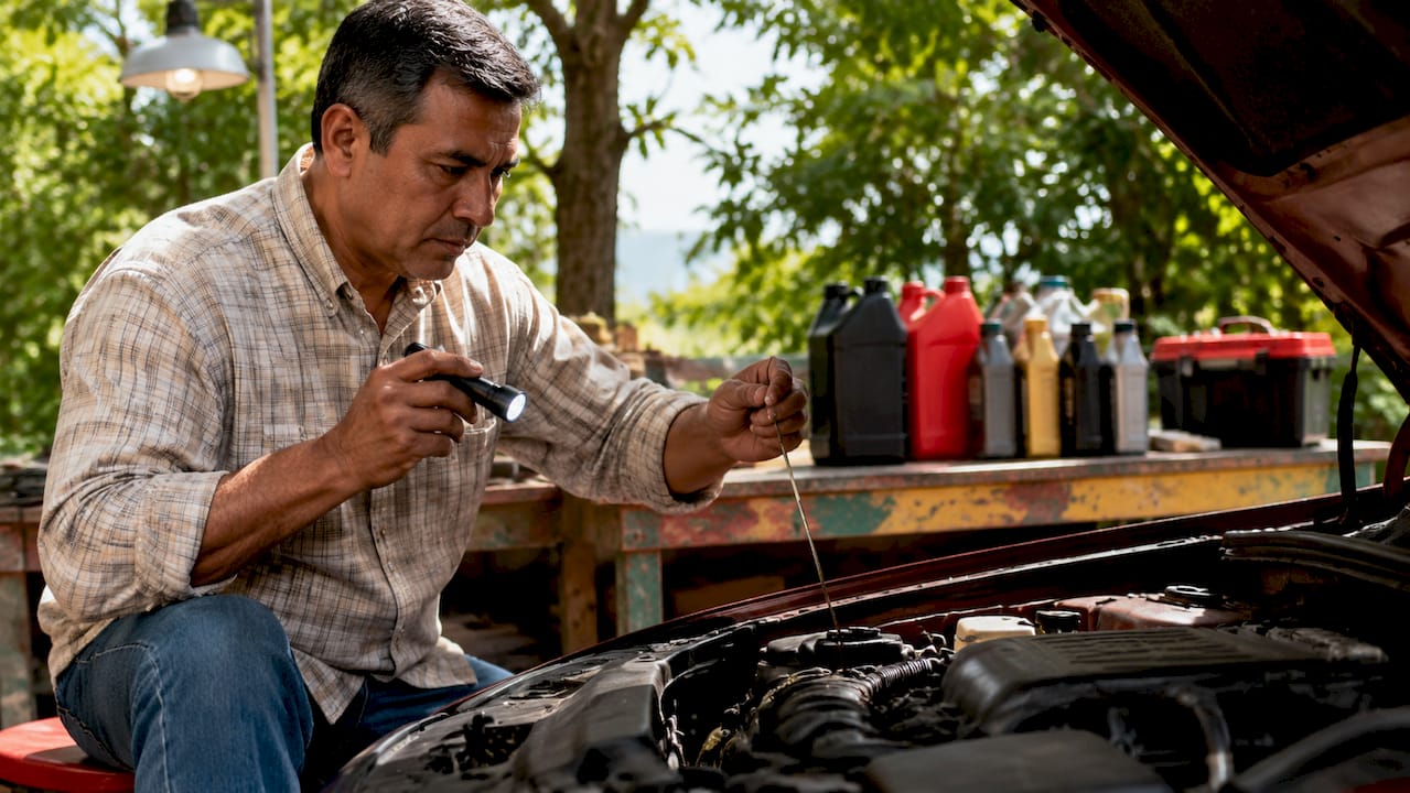 Man checking car engine fluids in garage