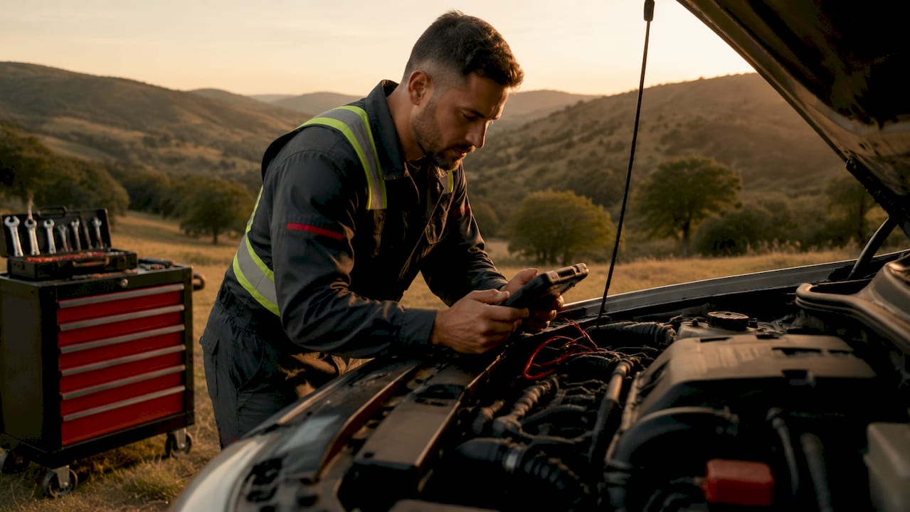 Mechanic using diagnostic tool in an auto repair shop