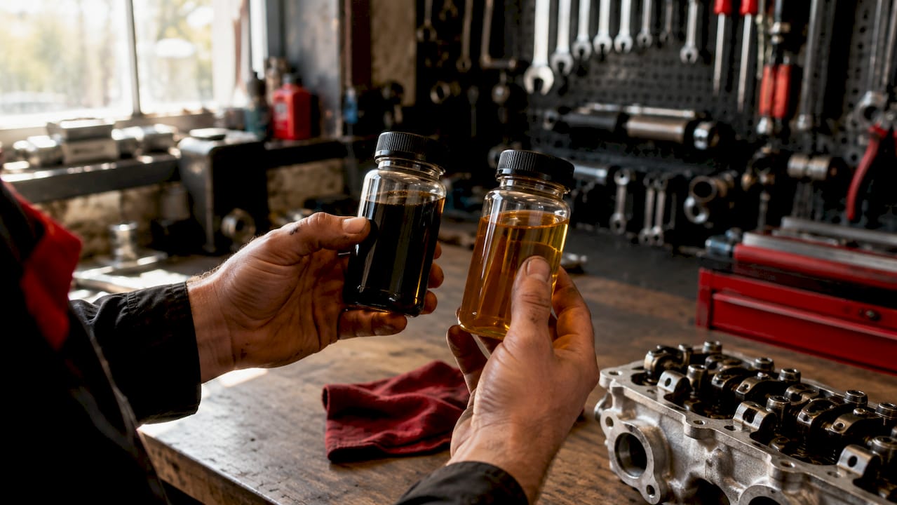Hands holding engine oil samples for comparison