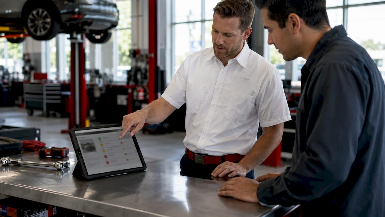 Technician pointing at digital vehicle inspection