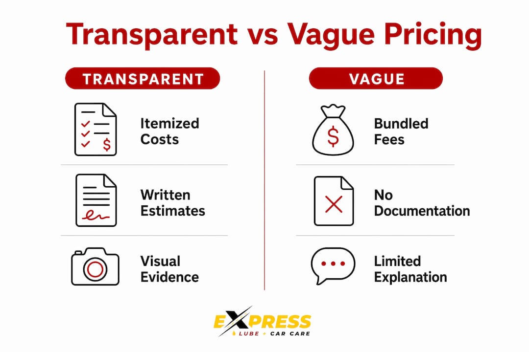 Infographic comparing transparent and vague auto repair pricing
