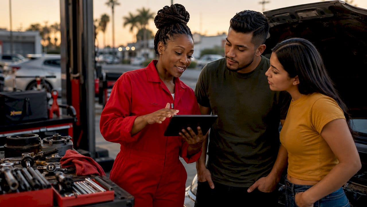 Mechanic discussing repair estimate with car owners