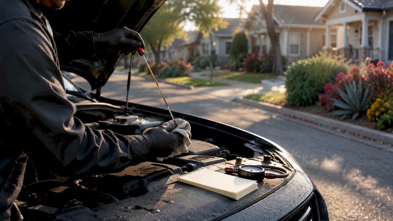 Hands checking car oil dipstick outdoors in Arlington climate