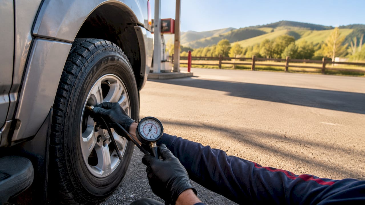 Hands measuring tire pressure on SUV