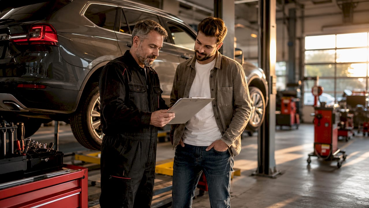 Mechanic explaining car maintenance schedule to father in garage
