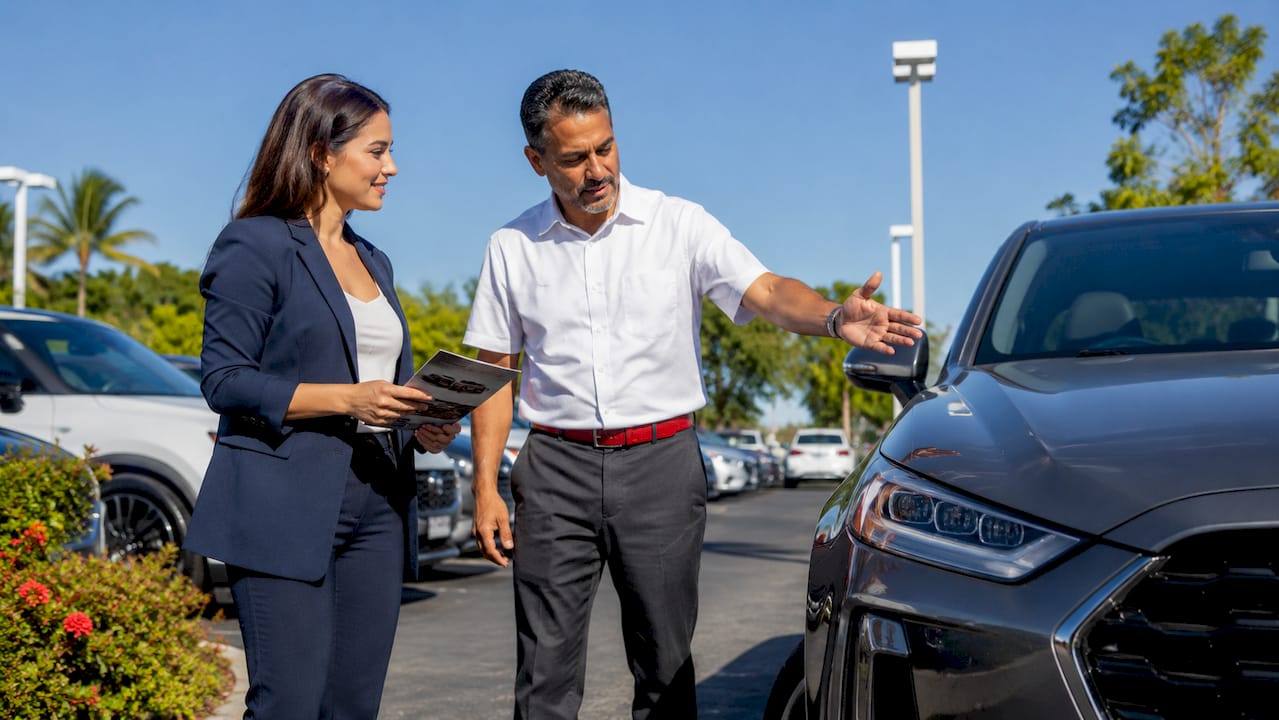 Customer and salesman discuss car warranty terms