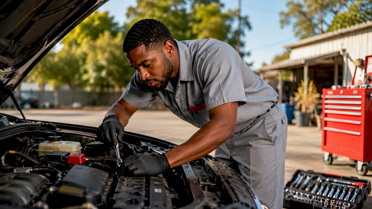 ASE certified mechanic inspecting car engine