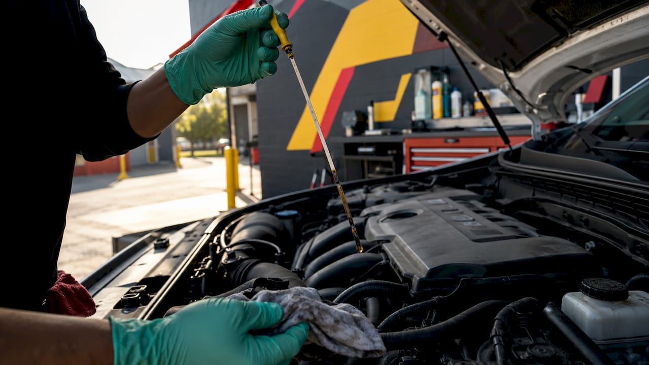 Mechanic checking engine oil with dipstick