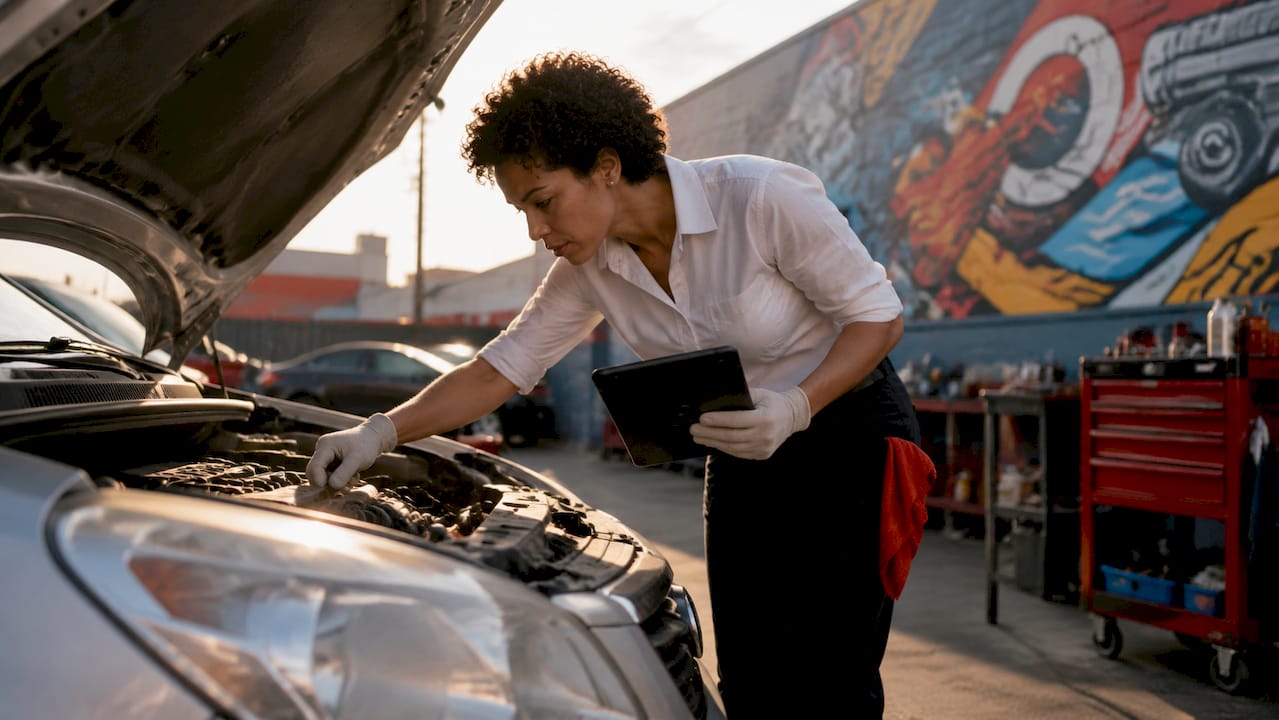 Mechanic inspecting vehicle engine at repair shop