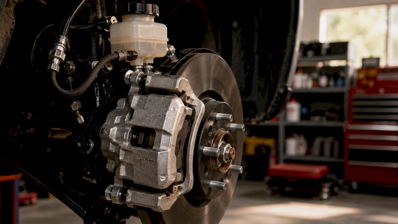 Close-up of car brake caliper and hydraulic line