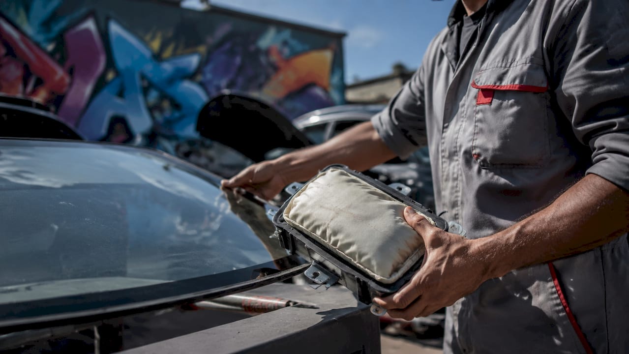 Technician handling car parts for repair