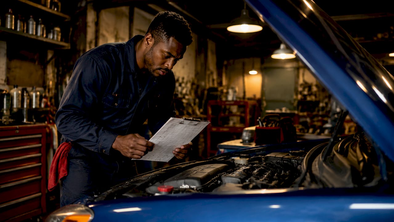 Mechanic referencing car service log at repair shop