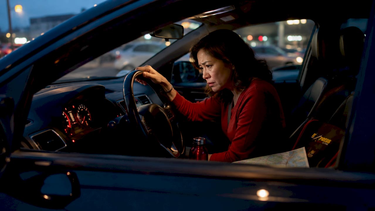 Driver observing car brake warning lights