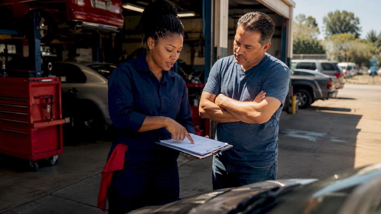 Mechanic explaining repair details to customer
