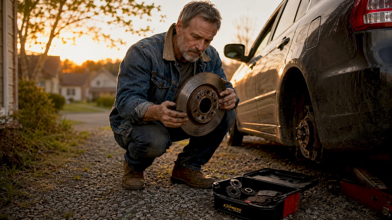 Car owner inspecting worn brake rotor outdoors