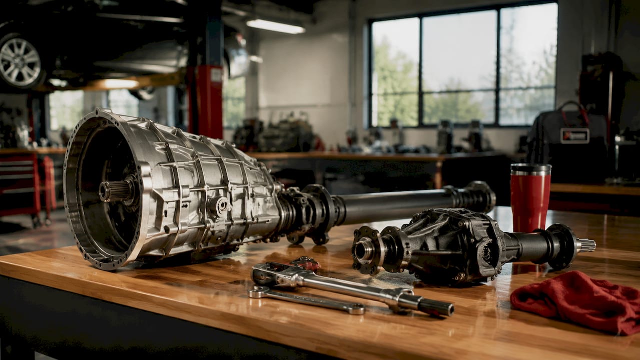 Close-up of car drivetrain components on workbench