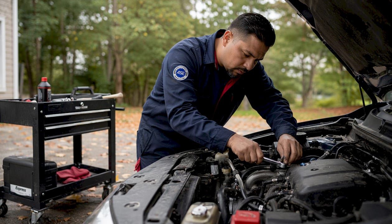 Auto technician performing certified engine repair