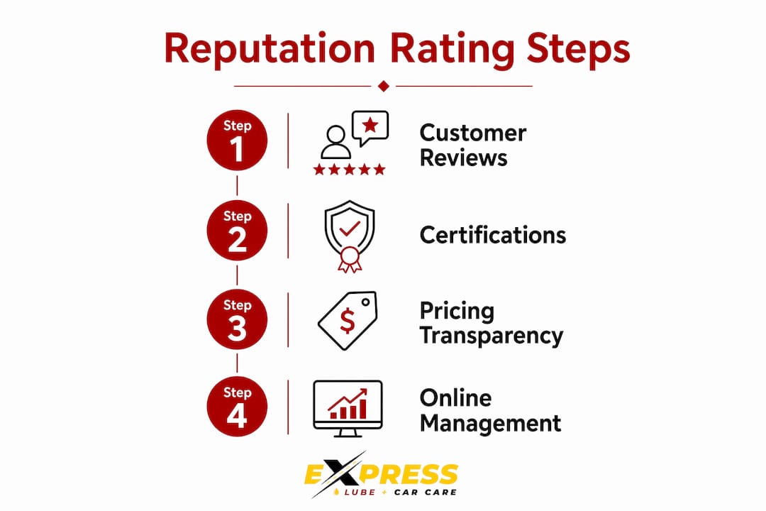 Infographic illustrating steps to rate repair shop reputation