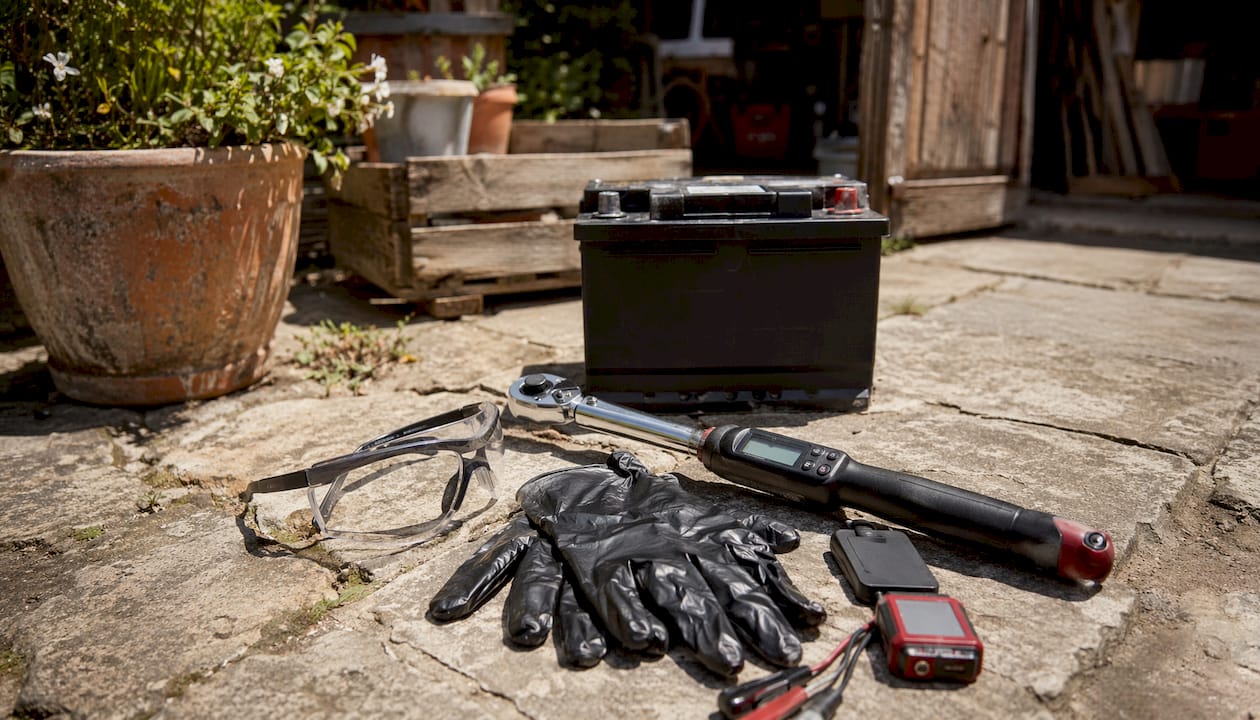 Safety gear and tools for battery replacement on table