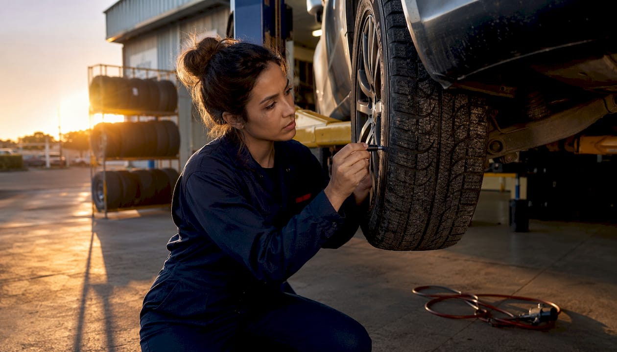 Mechanic checking car tire tread outdoors