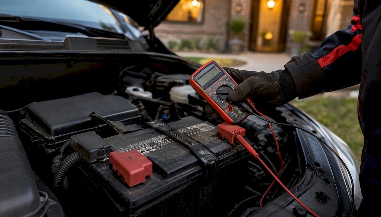 Close-up of car battery voltage check