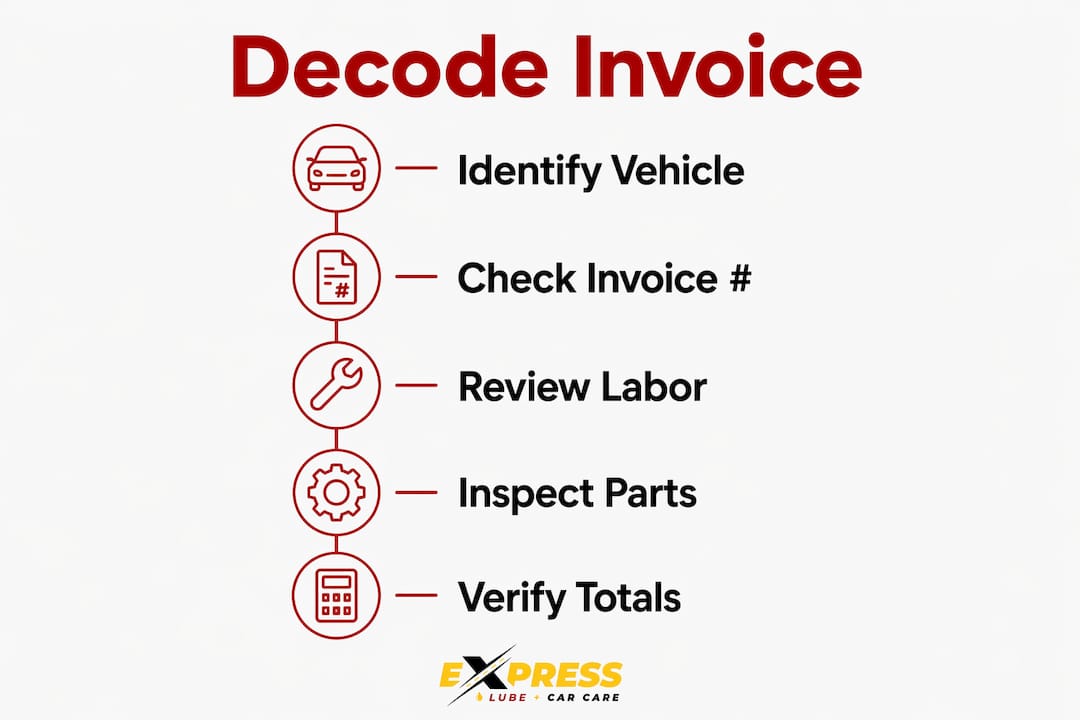 Infographic showing steps to decode a car repair invoice