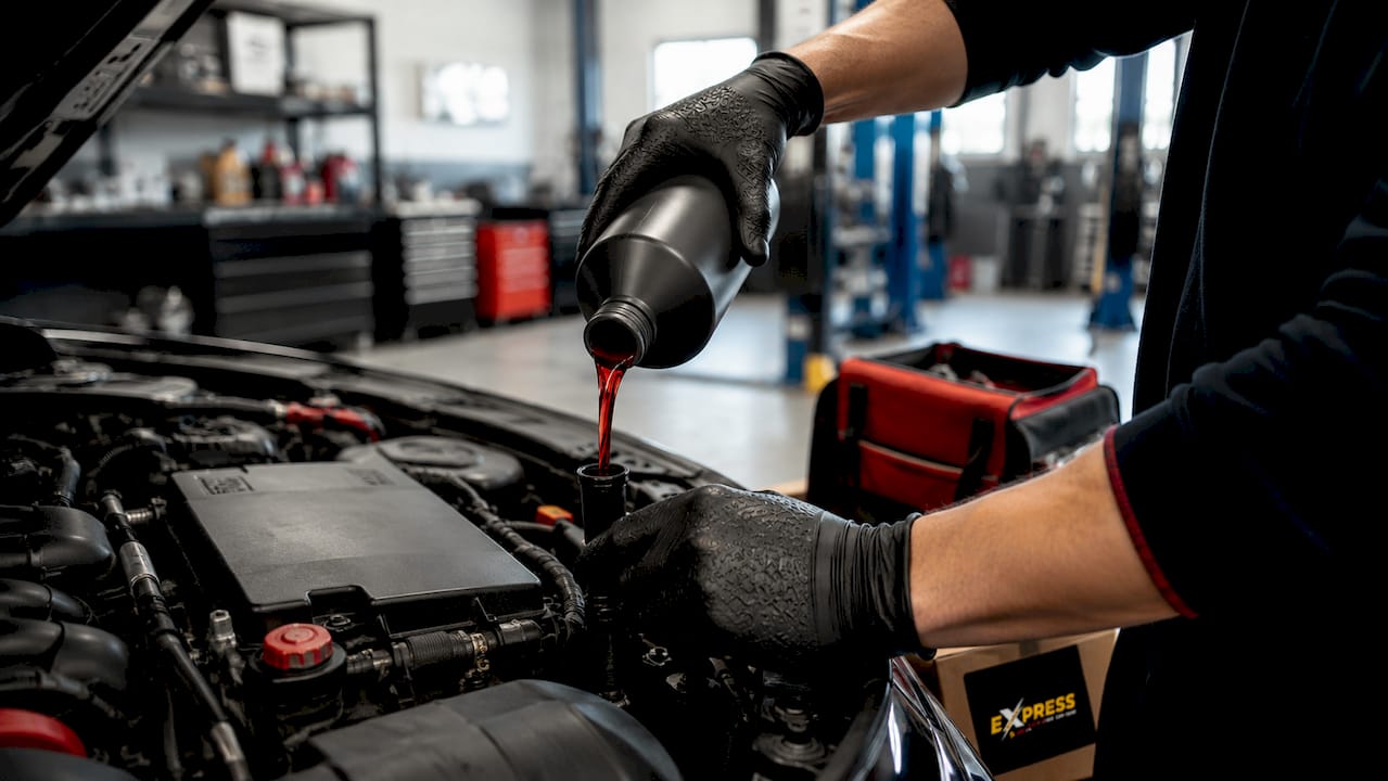 Pouring transmission fluid into dipstick tube