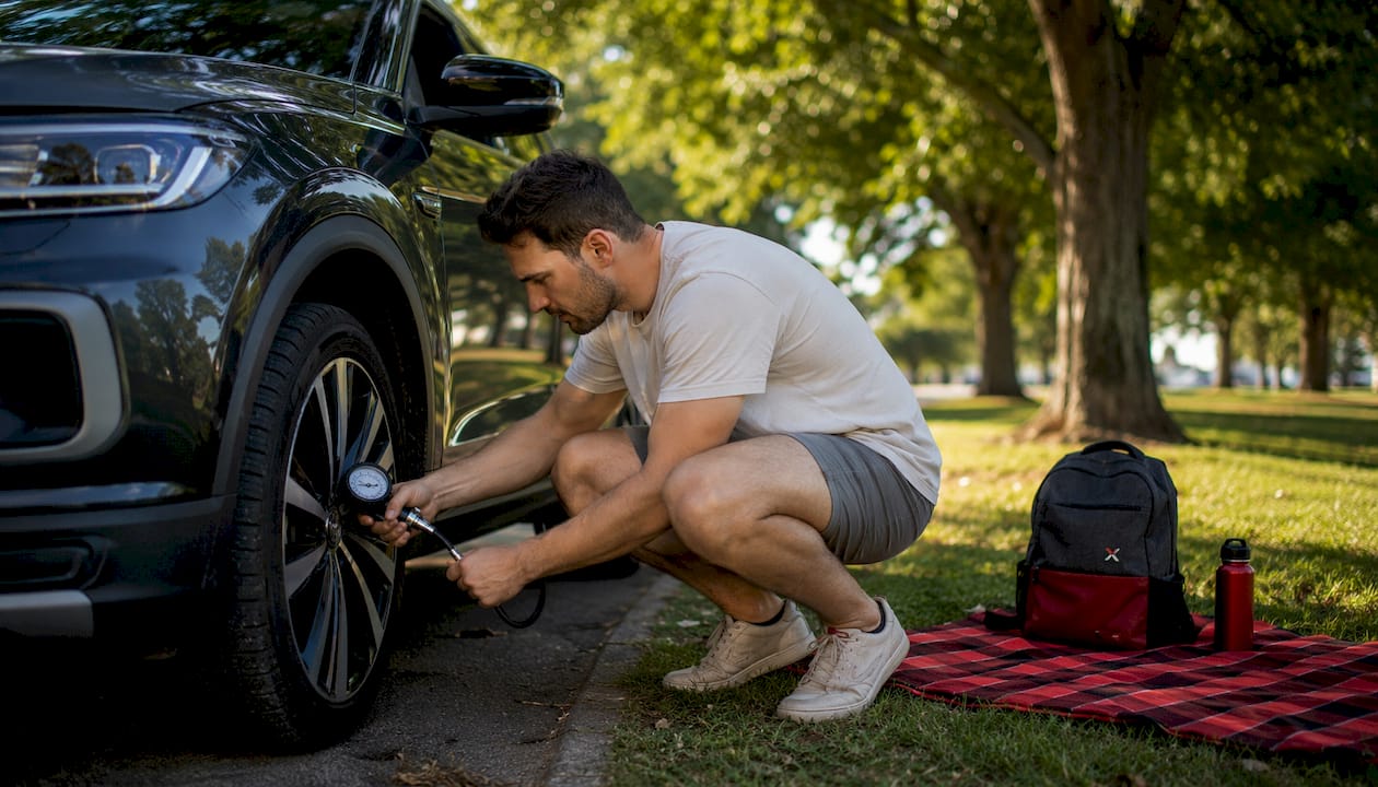 Man measuring tire pressure outdoors