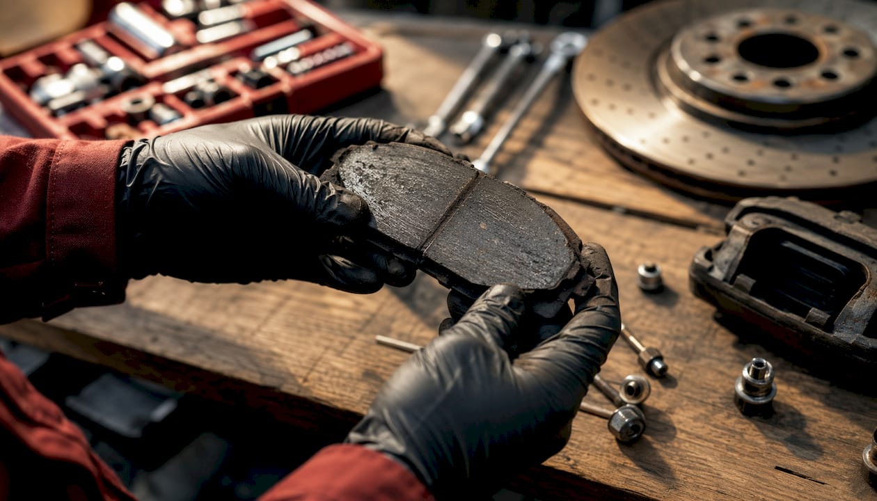 Close-up of hands holding worn brake pad