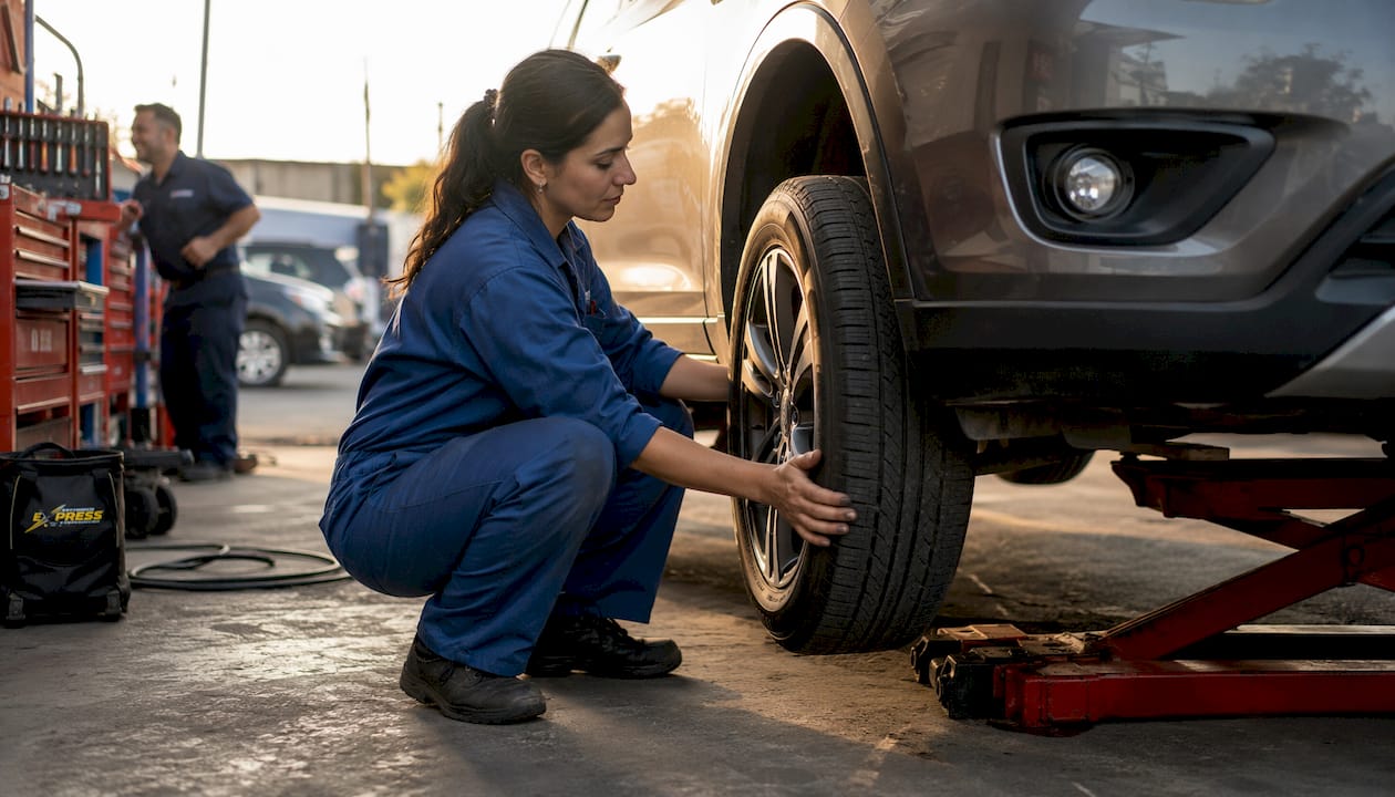 Mechanic rotating SUV tire in auto shop