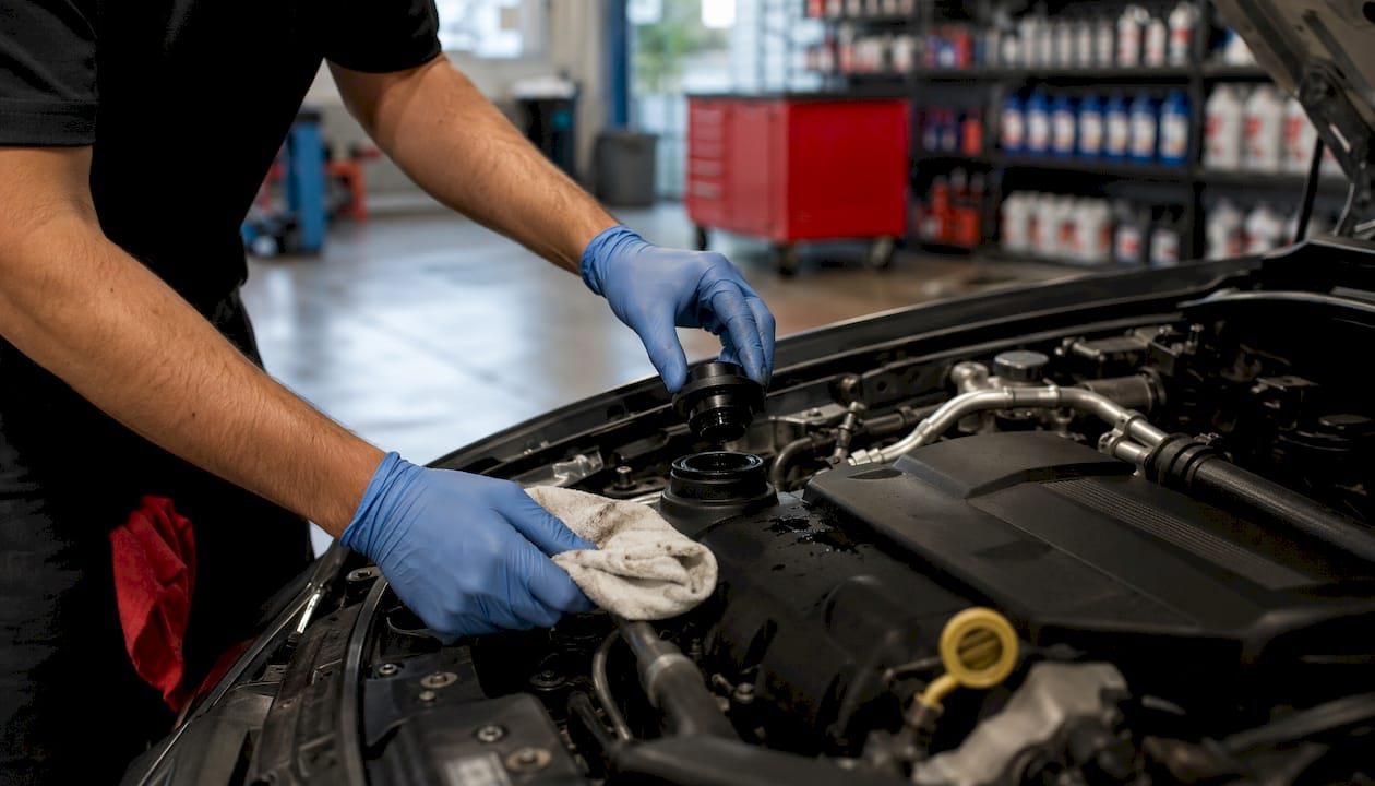 Hands removing car oil filler cap