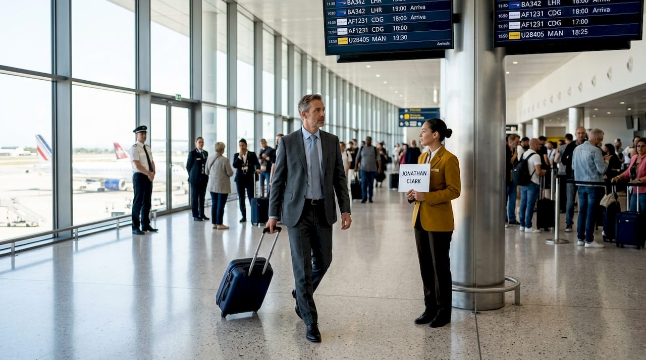 Traveler greeted by driver at Nice Airport