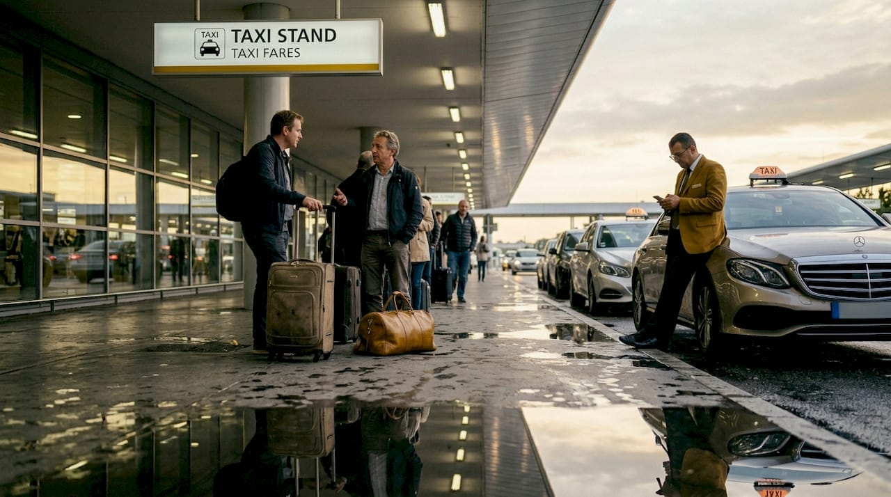 Crowded taxi rank outside Nice Airport