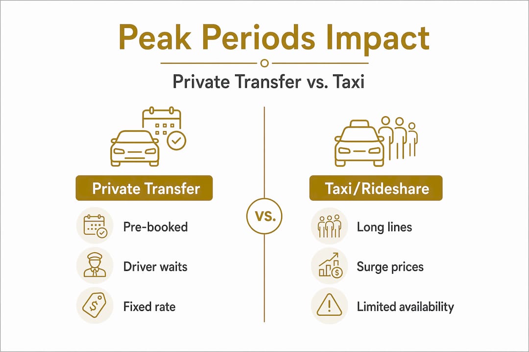 Infographic comparing transfers vs taxis during peak periods