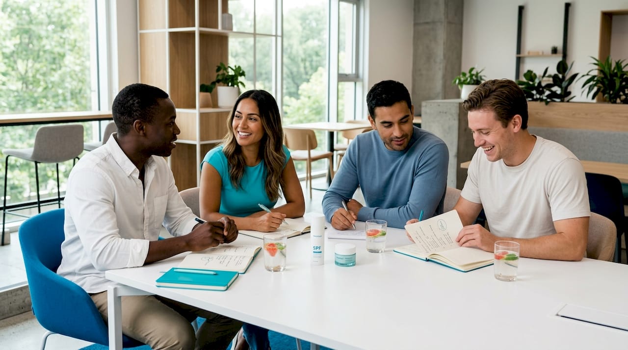 Group discusses skincare in sunlit café