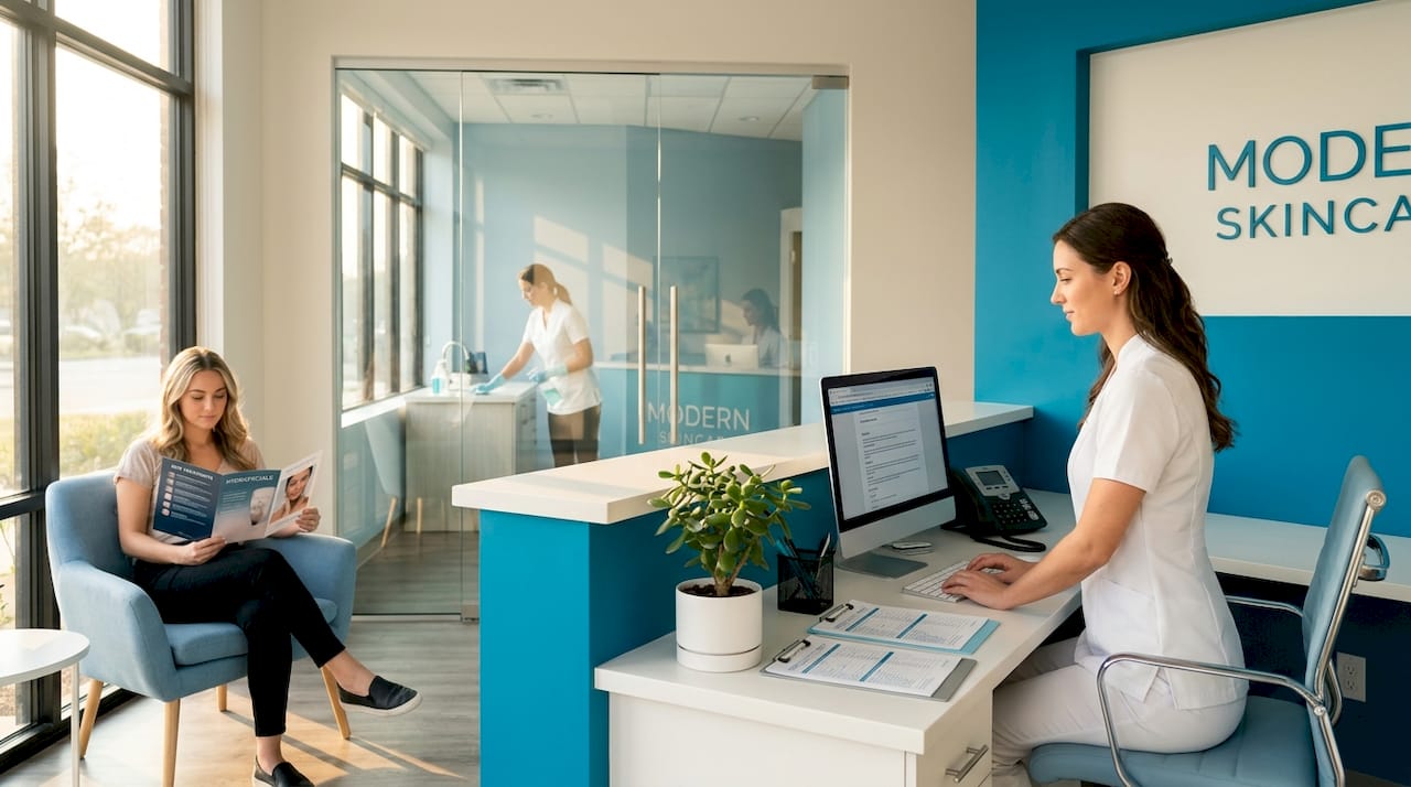 Medical spa receptionist checks in client at front desk