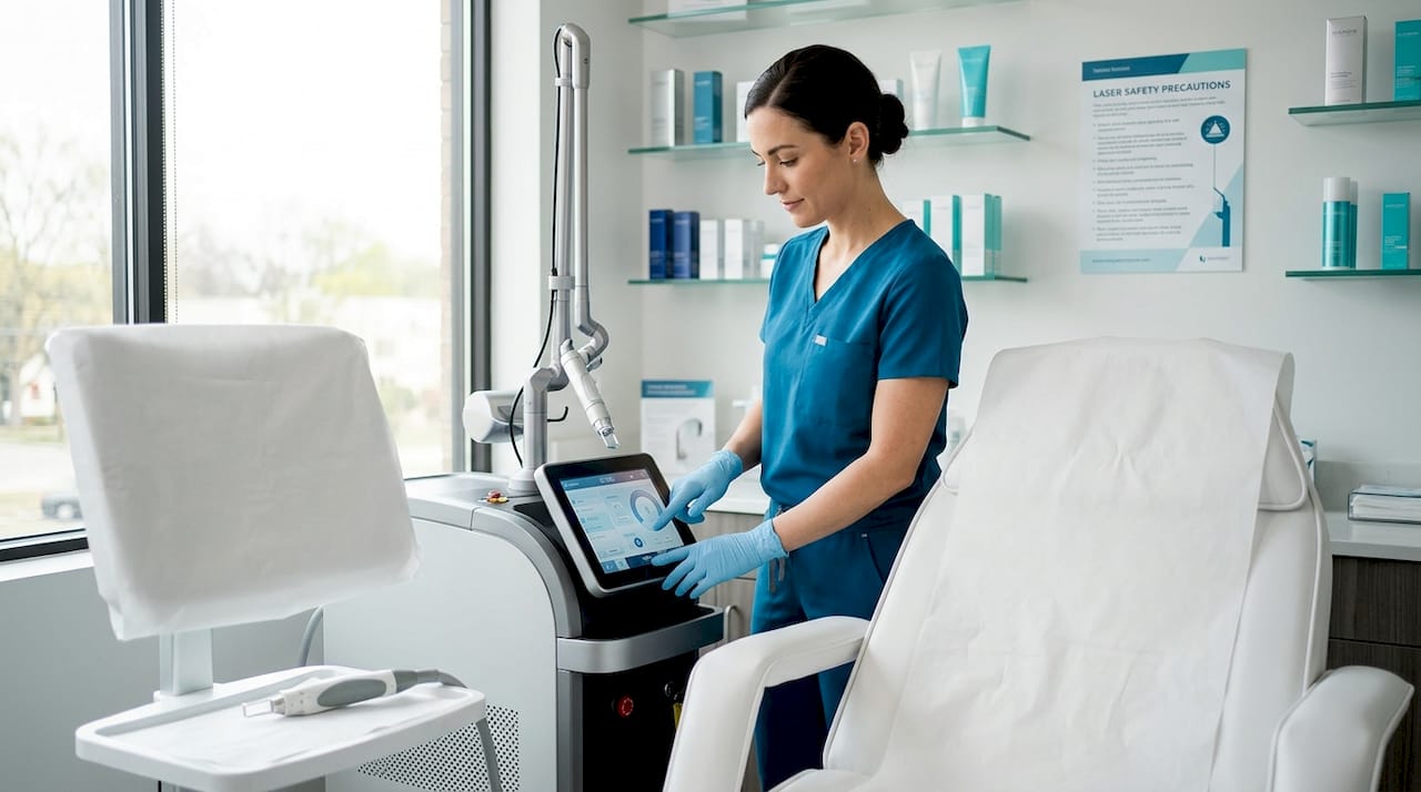 Aesthetician sanitizing laser device in treatment room